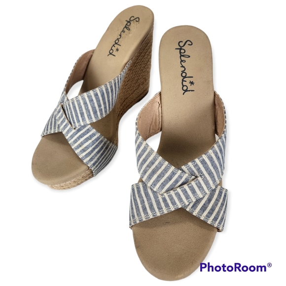 Splendid Kalypso denim chambray and white stripe wedge sandals size 8.5 - Picture 13 of 15